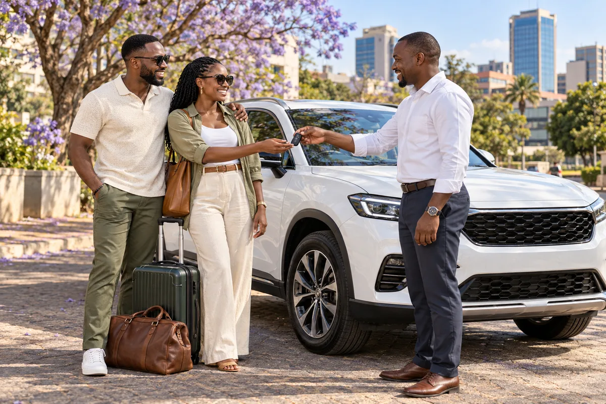 A couple receiving rental-car keys beside a white SUV, with weekend luggage in a sunny Zimbabwean city setting